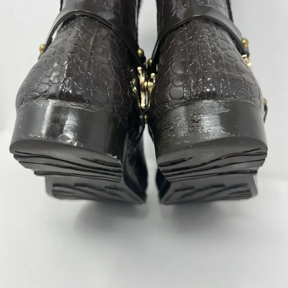 Michael Kors Rain Booties Dark Brown Croc Embossed Equestrian Rubber Rainboot S7